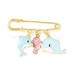 Sea Animal Alloy Enamel Charm Brooches, Brass Kilt Pins, Whale/Sea Horse/Dolphin, for Women, Golden, 38.5x50.5x6mm(JEWB-BR00128)