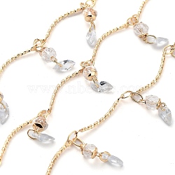 Handmade Brass Curved Bar Link Chains, with Clear Glass Horse Eye Charms, with Spool, Soldered, Real 18K Gold Plated, Link: 19x3x1mm, about 16.40 Feet(5m)/Roll(KK-F871-53G)
