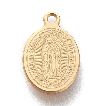 Ion Plating(IP) 304 Stainless Steel Charms, Laser Cut, Oval, Miraculous Medal, Golden, 14.5x9x0.5mm, Hole: 1.2mm