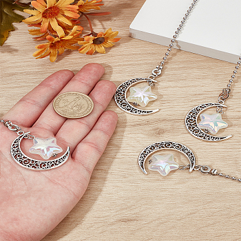 4Pcs Moon with Star Acrylic Charms Ceiling Fan Pull Chain Extenders, with 304 Stainless Steel Ball Chain, Antique Silver & Stainless Steel Color, 575mm