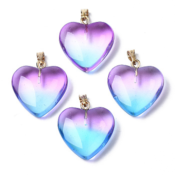 Two Tone Spray Painted Glass Pendants, with Golden Plated Iron Bails, Heart, Deep Sky Blue, 22x20.5x7mm, Hole: 6x2mm