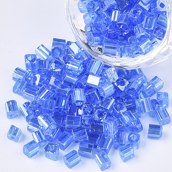 6/0 Glass Seed Beads, Transparent Colours Luster, Square Hole, Cube, Dodger Blue, 6/0, 3~5x3~4x3~4mm, Hole: 1.2~1.4mm, about 4500pcs/bag