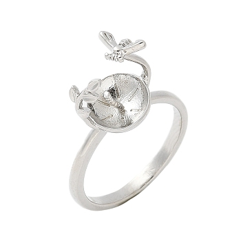 Brass Cuff Ring Settings, Rack Plating, Long-Lasting Plated, Lead Free & Cadmium Free, for Half Drilled Beads, Bees & Leaf, Platinum, Inner Diameter: 16.2mm, Tray: 8x12mm, Pin: 3x0.8mm