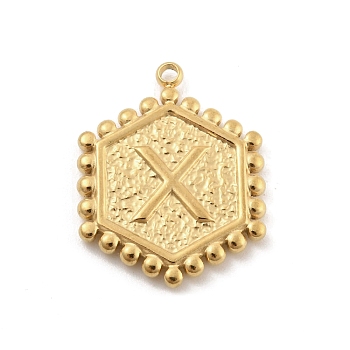 201 Stainless Steel Pendants, Golden, Hexagon with Letter Charm, Letter X, 21x16.5x2mm, Hole: 1.5mm