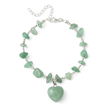 Natura Green Aventurine Heart Charm Bracelet with Chips Beaded Chains, Brass Bracelet, 9 inch(22.8cm)