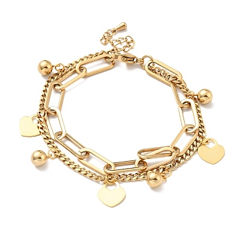 Heart Padlock and Round Ball Charm Multi-strand Bracelet, Vacuum Plating 304 Stainless Steel Double Layered Chains Bracelet for Women, Golden, 7-1/2 inch(19cm)
