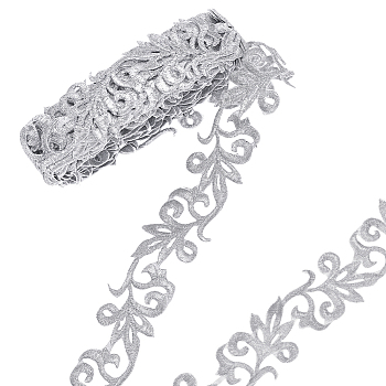 Polyester Metallic Thread Embroidery Applique Ribbon, Sewing Craft Decoration, Floral Pattern Embroidered Iron on Trimming, Silver, 4000x35x1.5mm
