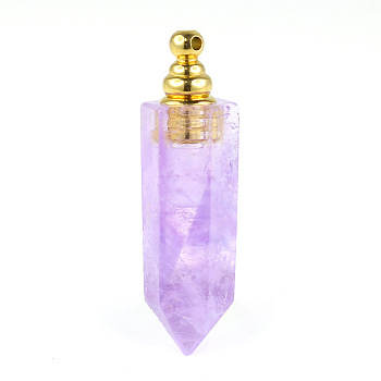 Natural Amethyst Openable Perfume Bottle Pendants, Faceted Pointed Bullet Perfume Bottle Charms with Golden Plated Metal Cap, 44x12mm