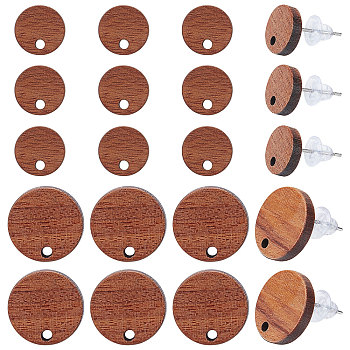 20 Pairs 2 Size Walnut Wood Flat Round Stud Earring, with 304 Stainless Steel Pins and 50Pcs Plastic Ear Nuts, Tan, 10~15mm, Hole: 1.6~1.8mm, Pin: 0.7~0.8mm, 10 Pairs/size