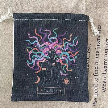 Tarot Card Storage Bag, Cloth Tarot Drawstring Bags, Rectangle with Woman Pattern, Prussian Blue, 18x13cm