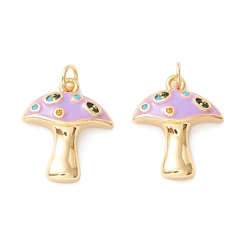 Autumn Theme Rack Plating Brass Micro Pave Colorful Cubic Zirconia Pendants, with Enamel, Cadmium Free & Nickel Free & Lead Free, Real 18K Gold Plated, Mushroom, Plum, 16.5x14x3.5mm, Hole: 2.8mm