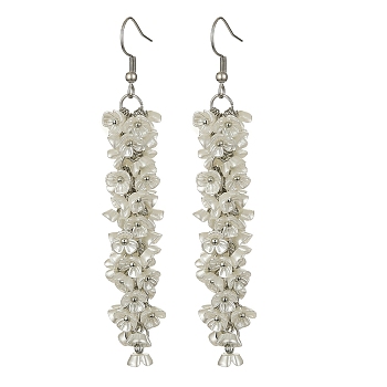 ABS Plastic Imitation Pearl Flower Dangle Earrings, 304 Stainless Steel Cluster Earrings, White, 80~82mm