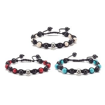 3Pcs 3 Color Round Synthetic Turquoise(Dyed) Braided Bead Bracelets Set with Alloy Skull, Gemstone Jewelry for Women, Mixed Color, Inner Diameter: 2-1/4~3-1/4 inch(5.6~8.4cm), 1pcs/color