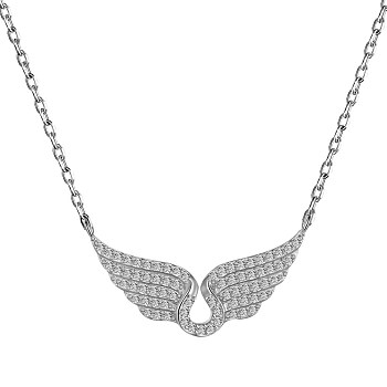 925 Sterling Silver Pendant Necklaces, Micro Pave Clear Cubic Zirconia, Wings, Real Platinum Plated, 16.02 inch(40.7cm)