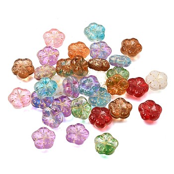 Painted Transparent Glass Beads, Golden Metal Enlaced, Flower, Mixed Color, 17.5x18x7.5mm, Hole: 1.4mm
