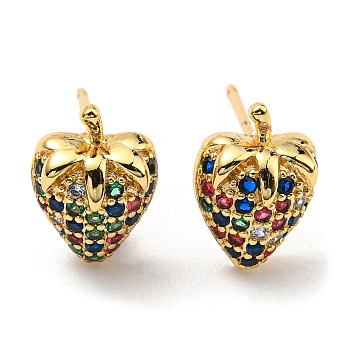 Colorful Cubic Zirconia Strawberry Stud Earrings, Rack Plating Brass Earrings, Lead Free & Cadmium Free, Real 18K Gold Plated, 11x8mm