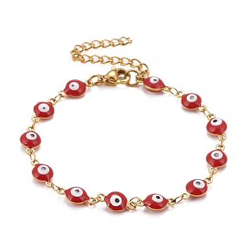 Enamel Oval with Evil Eye Link Chains Bracelet, Vacuum Plating 304 Stainless Steel Jewelry for Women, Golden, Red, 6-1/2 inch(16.5cm)