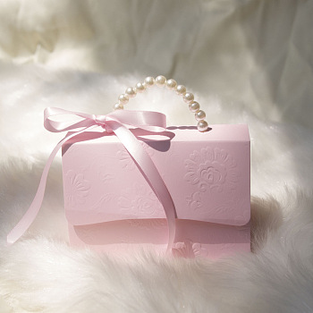 Handbag Shaped Paper Candy Gift Packing Boxes, with Imitation Pearl Beaded Handles, Pink, Finished Product: 9x6x5.5cm