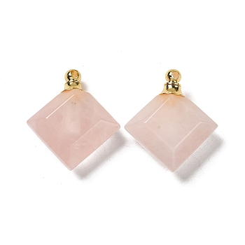 Natural Rose Quartz Perfume Bottle Pendants, Faceted Rhombus Charms with Golden Tone 304 Stainless Steel Findings, 31x27~27.5x8.5~10mm, Hole: 2mm