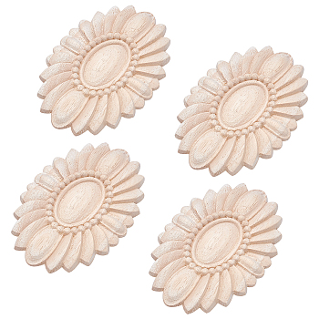 Gorgecraft Natural Solid Rubber Wood Carved Onlay Applique Craft, Unpainted Onlay Furniture Home Decoration, Flower, BurlyWood, 100.5x66x7mm, 4pcs/set