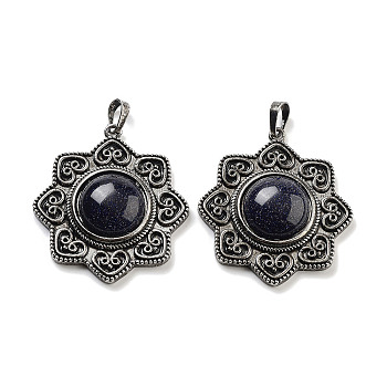 Synthetic Blue Goldstone & Brass Pendants, Antique Silver, Sun Charm, 43.5x39.5x9mm, Hole: 9.5x5.5mm