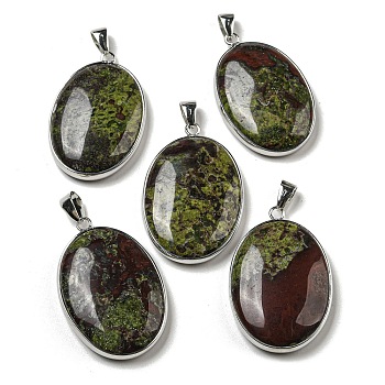 Natural Dragon Blood Jasper Pendants, Oval Charms with Platinum Plated Brass Edge and Iron Snap on Bails, 39.5~40.5x25.5~26.5x7mm, Hole: 7.5x3.8mm