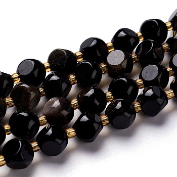 Natural Golden Sheen Obsidian Beads Strands, with Seed Beads, Six Sided Celestial Dice, 8~8.5x8~8.5x8~8.5mm, Hole: 0.5mm, about 20pcs/strand, 8.07''(20.5cm)
