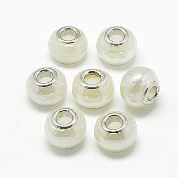 Handmade Lampwork European Beads, with Brass Double Cores, Large Hole Beads, Rondelle, Platinum, Creamy White, 13~14x10~11mm, Hole: 5mm