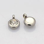 Trendy Original Color 304 Stainless Steel Faceted Grade A Rhinestone Flat Round Charms Pendants, April Birthstone Charms, Stainless Steel Color, Crystal, 9x6.5x4mm, Hole: 2mm(RB-N030-01C)