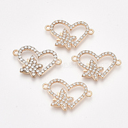 Alloy Links connectors, with Rhinestone, Heart and Butterfly, Crystal, Golden, 15x23.5x2mm, Hole: 1.5mm(PALLOY-S118-29)