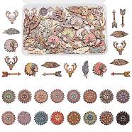 Gorgecraft 150Pcs 6Pcs 2-Hole Printed Wooden Buttons, for Sewing Crafting, Dyed, Flower & Arrow & Indian & Deer & Feather, Colorful, 19.5~44x15~30.5x1~2.5mm, Hole: 1.2~1.8mm(WOOD-GF0001-71)