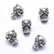 Brass Beads, with Clear Cubic Zirconia, Cadmium Free & Nickel Free & Lead Free, Skull, Antique Silver, 11x8x9mm, Hole: 2mm(KK-J279-56AS-NR)