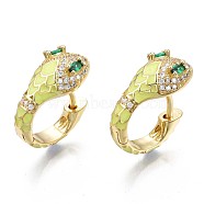 Green Cubic Zirconia Snake Huggie Hoop Earring, Real 18K Gold Plated Brass Enamel Chunky Hoop Earrings for Women, Nickel Free, Champagne Yellow, 20x18.5x10mm, Pin: 1.5mm(EJEW-N011-46I-NF)