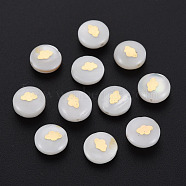 Natural Freshwater Shell Beads, with Golden Plated Brass Metal Embellishments, Flat Round with Palm, Seashell Color, 8x4.5mm, Hole: 0.6mm(SHEL-N003-22-07)