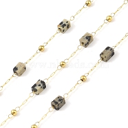 Ion Plating(IP) 304 Stainless Steel Link Chains, Natural Dalmatian Jasper Beads & Spool, Soldered, Real 18K Gold Plated, 6.5x2.5x2.5mm, about 32.81 Feet(10m)/Roll(CHS-A010-01G-08)