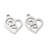 316 Surgical Stainless Steel Charms, Manual Polishing, Laser Cut, Heart Charms, Stainless Steel Color, 10.5x12x1mm, Hole: 1.6mm(STAS-Q314-10P)