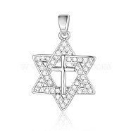 Brass Micro Pave Clear Cubic Zirconia Pendants, Star of David with Cross Charms, Platinum, 24x21x2.3mm(ZIRC-OY001-12P)