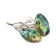 Natural Paua Shell Brooches, with Brass Pins & Pearl, Platinum, 31x49x10.5mm(JEWB-E031-07P)