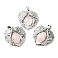Natural Rose Quartz Teardrop Pendants, Wing Charms, with Rack Plating Platinum Plated Brass Findings, Lead Free & Cadmium Free, 36x34x8~8.5mm, Hole: 8x5mm(KK-K331-02P-02)