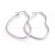 201 Stainless Steel Hoop Earrings, with 304 Stainless Steel Pin, Heart, Stainless Steel Color, 34~37x41~43mm, 12 Gauge, Pin: 1mm(EJEW-A052-09B)