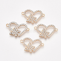 Alloy Links connectors, with Rhinestone, Heart and Butterfly, Crystal, Golden, 15x23.5x2mm, Hole: 1.5mm(PALLOY-S118-29)