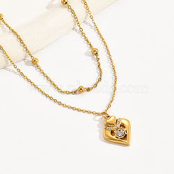 Fashionable Stainless Steel Pave Clear Cubic Zirconia Double Layer Cable Chain Heart Pendant Necklaces for Women, Real 18K Gold Plated, 14.96 inch(38cm)(SW5680)