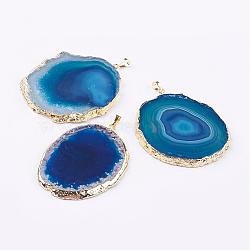 Natural Agate Big Pendants, with Brass Findings, Nuggets, Golden, Dodger Blue, 59~91x32~65x3~6mm, Hole: 5x7mm(G-P305-E05-G)