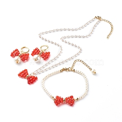 Transparent Acrylic with Glass Pearl Beads Hoop Earrings & Pendant Necklaces & Beaded Bracelets Jewelry Sets, with Handmade Brass Beaded Chains, Golden, Bowknot, Red, 15.79 inch(40.1cm), 37mm, Pin: 1mm, 7.24 inch(18.4cm), 3Pcs/set(SJEW-TA00001)
