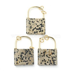 Natural Dalmatian Jasper Pendants, with Golden Plated Brass Findings, Lock, 46.5~47x30x7mm, Hole: 6mm(G-B012-16G-04)