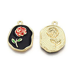Rack Plating Alloy Enamel Pendants, Cadmium Free & Nickel Free & Lead Free, Light Gold, Oval Charm with Rose, Black, 22.5x18x2mm, Hole: 1.6mm(PALLOY-T077-211A)