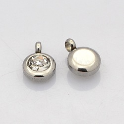 Trendy Original Color 304 Stainless Steel Faceted Grade A Rhinestone Flat Round Charms Pendants, April Birthstone Charms, Stainless Steel Color, Crystal, 9x6.5x4mm, Hole: 2mm(RB-N030-01C)