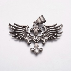 304 Stainless Steel Big Pendants, with Rhinestone, Wing with Cross, Crystal, Antique Silver, 58x38x4mm, Hole: 7x9mm(STAS-P225-070AS)