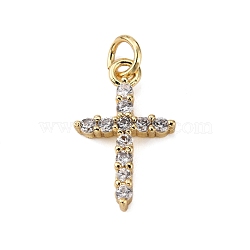 Brass Micro Pave Clear Cubic Zirconia Pendants, with Jump Ring, Cross, Real 18K Gold Plated, 18x11.5x2.5mm, Hole: 3.4mm(KK-WH0035-79)