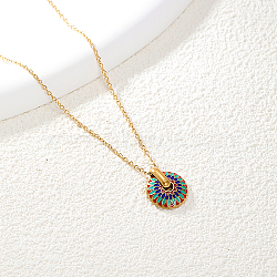 Stainless Steel Cable Chain Necklaces, Bohemian Style Enamel Flower Pendant Necklace for Women, Real 18K Gold Plated, Turquoise, 15-3/4 inch(40cm)(MK6023-2)